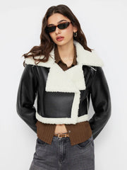 Fleece Drop Shoulder Zipper Biker Crop Jacket