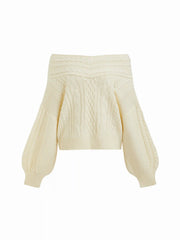Cable Knit Off-shoulder Lantern Sleeve Oversized Top
