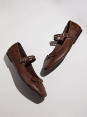 SQUARE TOE BOWKNOT DECOR BUCKLE MARY JANE FLATS