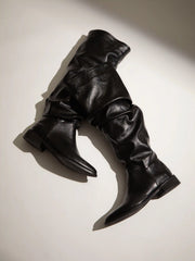 POINTED TOE PLEATED CHUNKY HEELED KNEE HIGH BOOTS