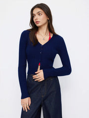 Wool-blend V-neck Solid Button Cardigan