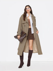 Double Breasted Tweed Houndstooth Coat With Belt