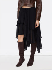 Mid Rise Solid Ruffle Asymmetrical Hem Maxi Skirt
