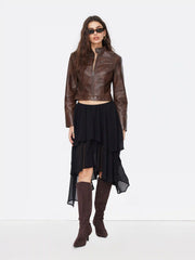 Mid Rise Solid Ruffle Asymmetrical Hem Maxi Skirt