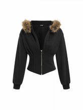 Terry Faux Fur Trim Corset Half Zip Hoodie