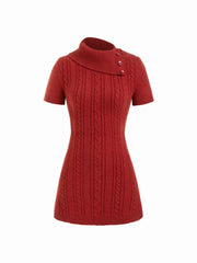 Cable Knit Asymmetrical Neck A-line Mini Dress