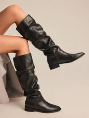 POINTED TOE PLEATED CHUNKY HEELED KNEE HIGH BOOTS