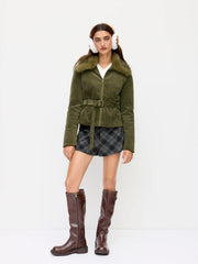 Corduroy Faux Fur Trim Collar Jacket With Belt