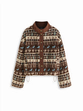 Fleece Aztec Print Stand Collar Long Sleeve Drawstring Button Jacket