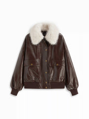Faux Leather Metal Button Oversized Jacket With Detachable Faux Fur Collar