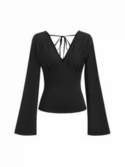 V-neck Solid Tie Back Bell Sleeve Top