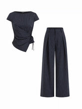 Striped Boat Neck Short Sleeve Wrap Knotted Top & Mid Rise Straight Leg Trousers Set