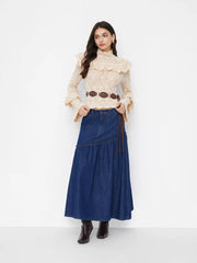 Cider Denim Mid Rise Asymmetrical Lettuce Trim A-line Maxi Skirt