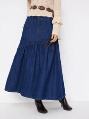 Cider Denim Mid Rise Asymmetrical Lettuce Trim A-line Maxi Skirt
