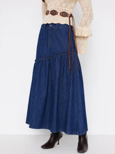 Cider Denim Mid Rise Asymmetrical Lettuce Trim A-line Maxi Skirt