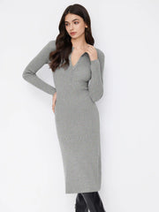 Knit Wool-blend Round Neckline Long Sleeve Button Midi Dresses