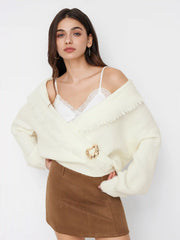 Two Way Knit Woo-blend Collar Fringe Metal Detail Oversized Top