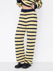 Knit Mid Rise Striped Hollow Out See-through Straight Leg Trousers