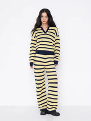 Knit Striped Collar V-neck Long Sleeve Hollow Out Oversized Sweater