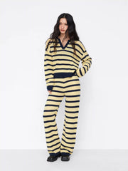 Knit Mid Rise Striped Hollow Out See-through Straight Leg Trousers