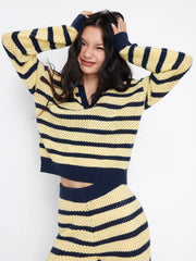 Knit Striped Collar V-neck Long Sleeve Hollow Out Oversized Sweater