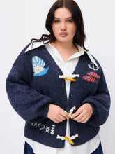 Knit Wool-blend V-neck Sea Animal Toggle Button Oversized Cardigan Curve & Plus