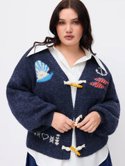 Knit Wool-blend V-neck Sea Animal Toggle Button Oversized Cardigan Curve & Plus