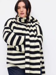Knit Round Neckline Striped Long Sleeve Sweater With Scarf Curve & Plus