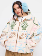 Fleece Stand Collar Seafood Graphic Contrasting Binding Oversized Jacket Curve & Plus