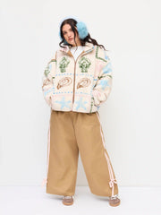 Fleece Stand Collar Seafood Graphic Contrasting Binding Oversized Jacket Curve & Plus