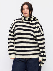 Knit Round Neckline Striped Long Sleeve Sweater With Scarf Curve & Plus