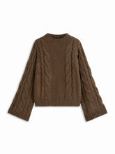 Cable Knit Round Neck Long Bell Sleeve Oversized Sweater