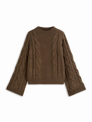 Cable Knit Round Neck Long Bell Sleeve Oversized Sweater