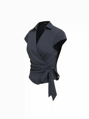 Cotton-blend Polo Neck Stripe Knotted Blouse