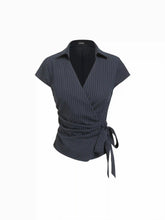 Cotton-blend Polo Neck Stripe Knotted Blouse