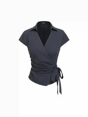 Cotton-blend Polo Neck Stripe Knotted Blouse