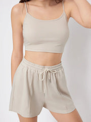 U-neckline Crop Cami Top & Drawstring Wide Leg Shorts Set