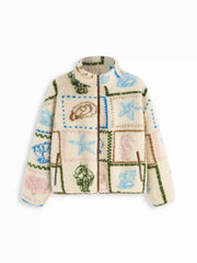 Fleece Stand Collar Seafood Graphic Contrasting Binding Oversized Jacket Curve & Plus
