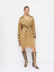 Suede Notched Collar Double Breasted Oversized Trench Coat With Belt