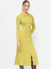 Knit Color Long Sleeve Metal Button Maxi Dress
