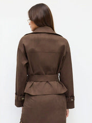 Suede Collar Double Breasted Trench Coat With Belt