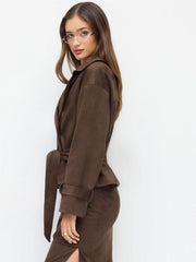 Suede Collar Double Breasted Trench Coat With Belt