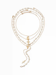 FAUX PEARL & CROSS LAYERED NECKLACE