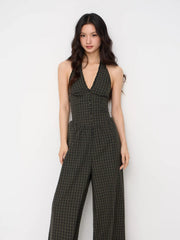 Cotton Halter Neckline Plaid Lettuce Trim Shirred Wide Leg Jumpsuit