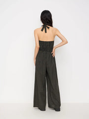 Cotton Halter Neckline Plaid Lettuce Trim Shirred Wide Leg Jumpsuit