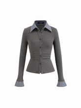 Cotton Plaid Polo Collar Ruched Two Tone Top