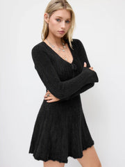 Knit V-neck Bowknot Ruffle Hem Winter Mini Dress