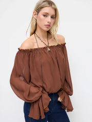 Chiffon Asymmetrical Neck Long Sleeve Ruffle Blouse Bodysuit