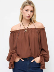 Chiffon Asymmetrical Neck Long Sleeve Ruffle Blouse Bodysuit