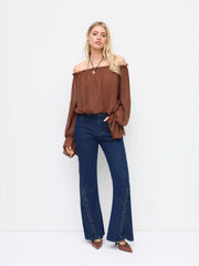Chiffon Asymmetrical Neck Long Sleeve Ruffle Blouse Bodysuit